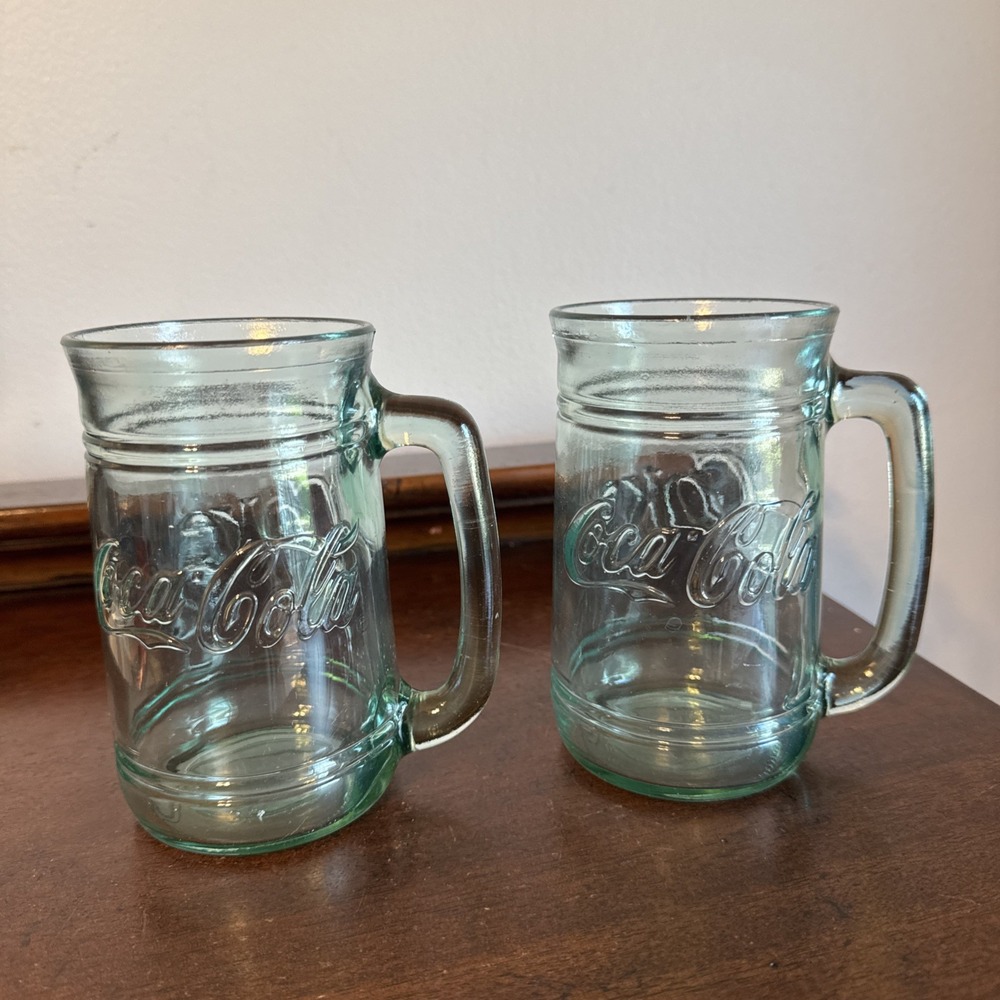 2 - 5.5" Coca-Cola Green Tint Embossed Glass Mug Pair Set Vintage 16oz.